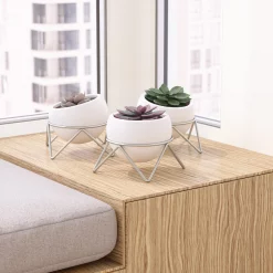 Umbra White Ceramic and Nickel Set of Three Potsy Planters 9 Umbra White Ceramic and Nickel Set of Three Potsy Planters