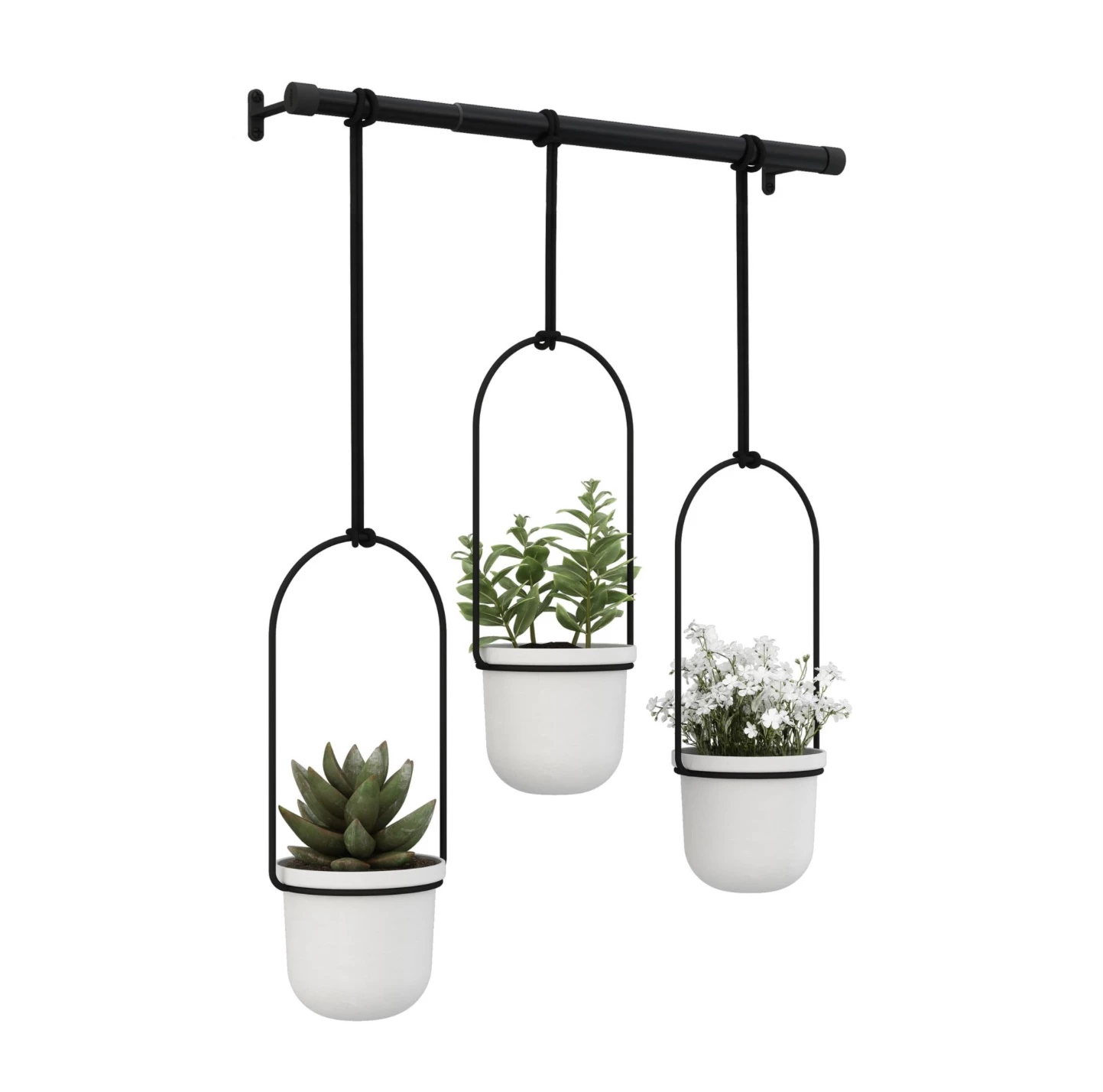 Umbra White and Black Triflora set of 3 Hanging Planters and Rod 4 Umbra White and Black Triflora set of 3 Hanging Planters and Rod