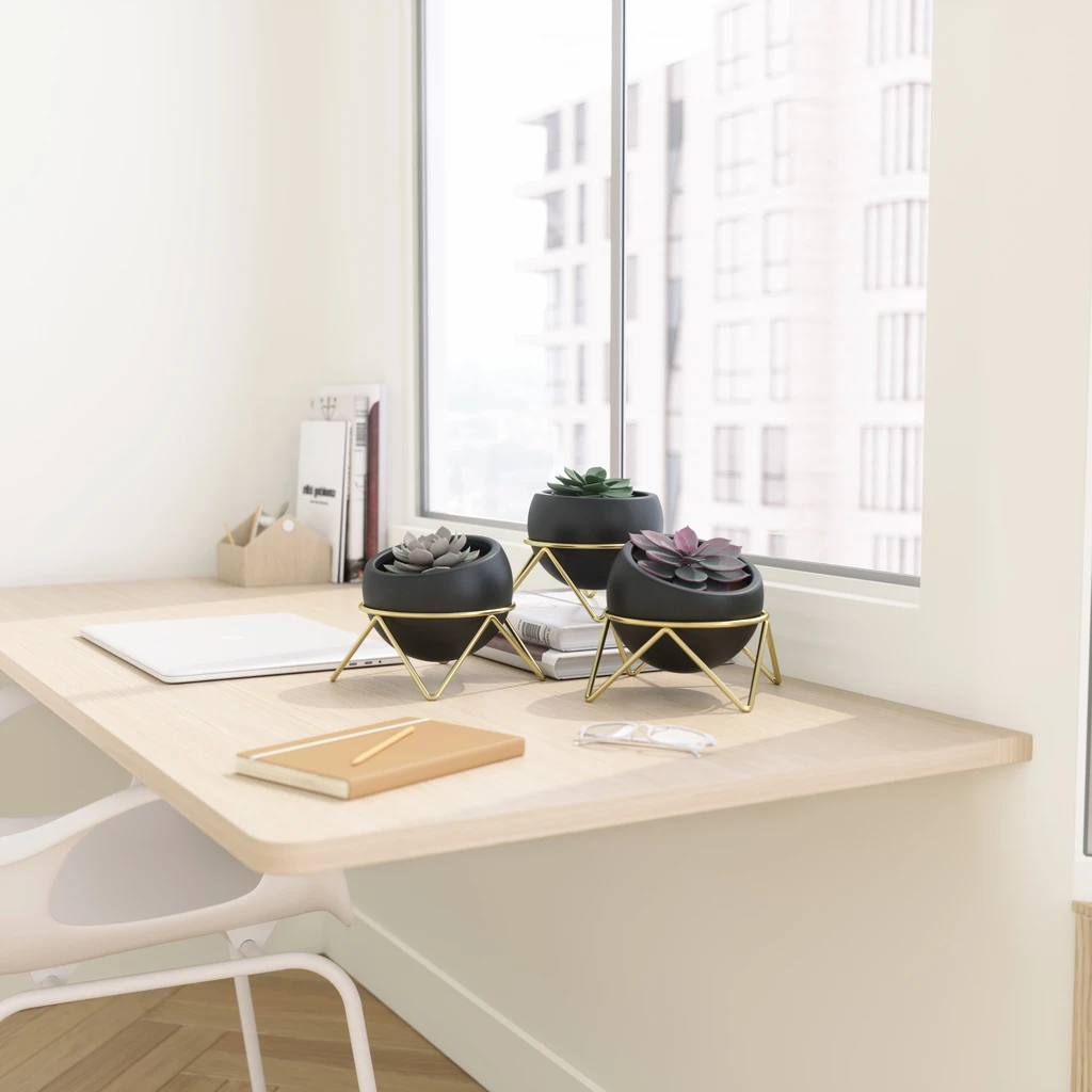 Umbra Black Ceramic and Brass Set of Three Potsy Planters 5 Umbra Black Ceramic and Brass Set of Three Potsy Planters