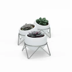 Umbra White Ceramic and Nickel Set of Three Potsy Planters