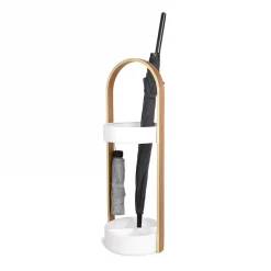 Umbra White and Natural Resin and Wood Hub Umbrella Stand