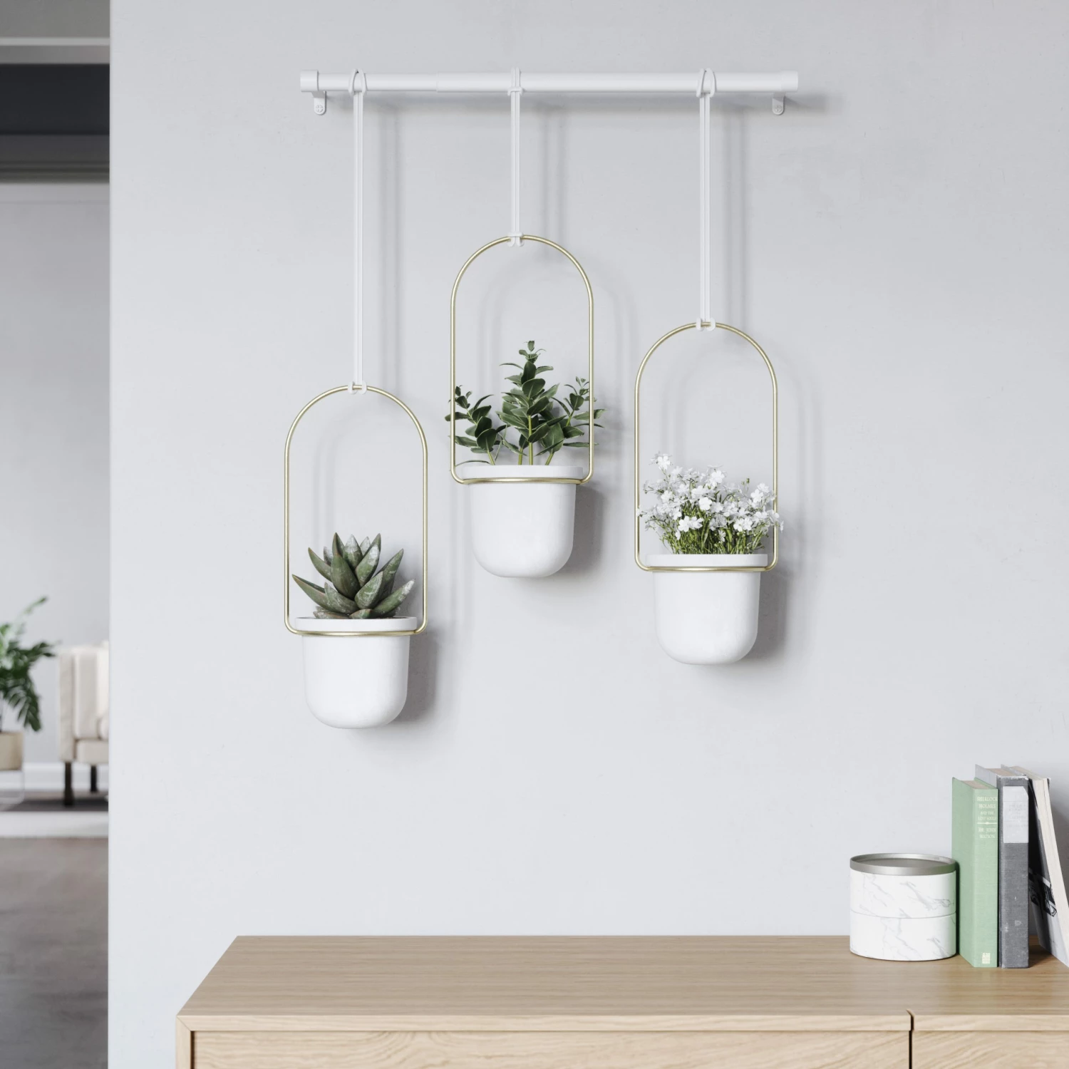Umbra White/Brass Triflora Hanging Planter 11 Umbra White/Brass Triflora Hanging Planter