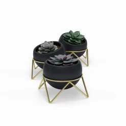 Umbra Black Ceramic and Brass Set of Three Potsy Planters
