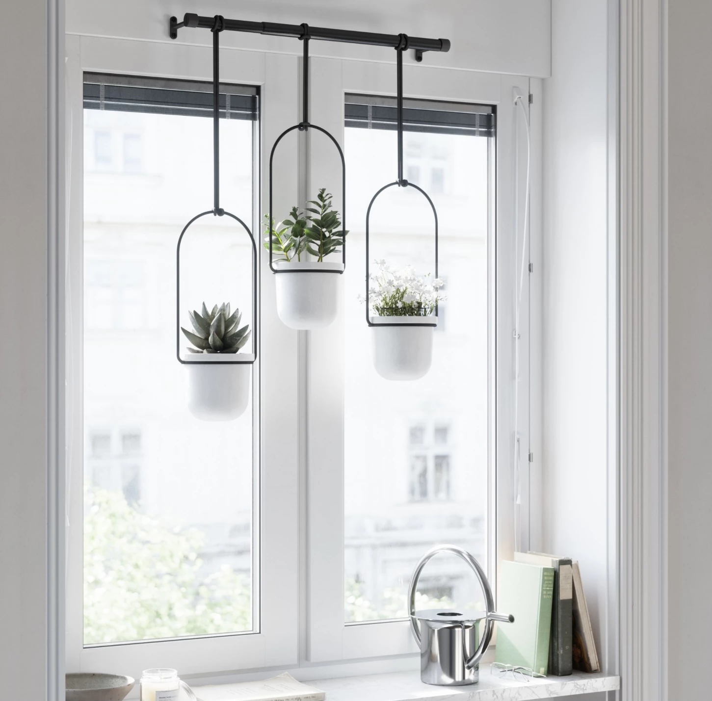 Umbra White and Black Triflora set of 3 Hanging Planters and Rod 5 Umbra White and Black Triflora set of 3 Hanging Planters and Rod